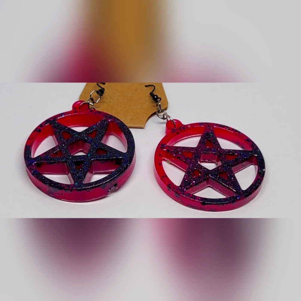 Hot Pink and Black Glitter Pentagram earrings